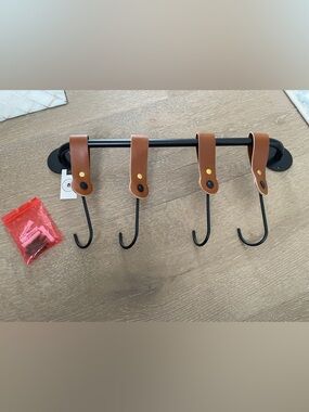 Wall-Mount Hook Rack with Brown Leather Straps - Black Metal